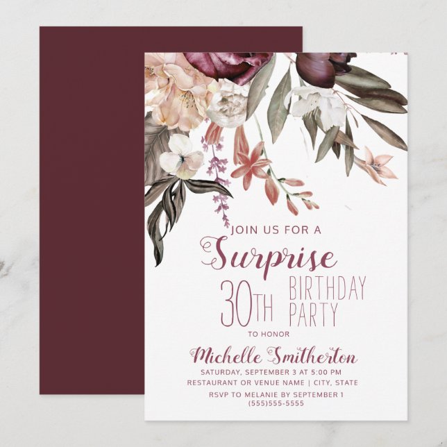 Burgundy Floral Boho Vintage 30th Birthday Invitation (Front/Back)