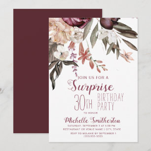 Burgundy Floral Boho Vintage 30th Birthday Invitation