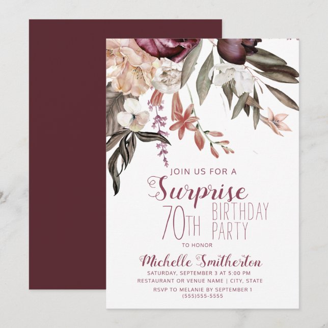 Burgundy Floral Boho Vintage 70th Birthday Invitation (Front/Back)