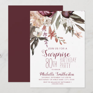 Burgundy Floral Boho Vintage 80th Birthday Invitation