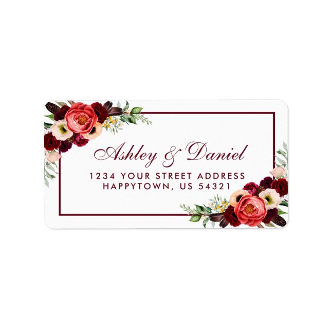 Burgundy Floral Boho Wedding Address Label (Front)