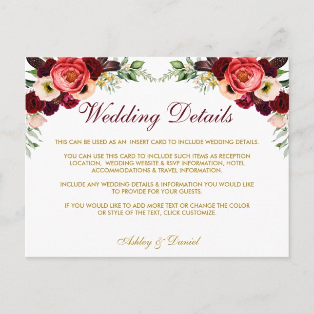 Burgundy Floral Boho Wedding Details Insert Card (Front)
