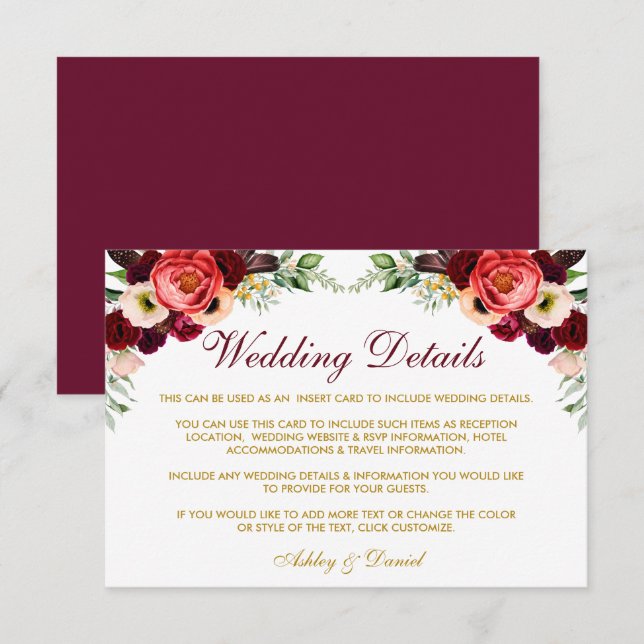 Burgundy Floral Boho Wedding Details Insert Card B (Front/Back)