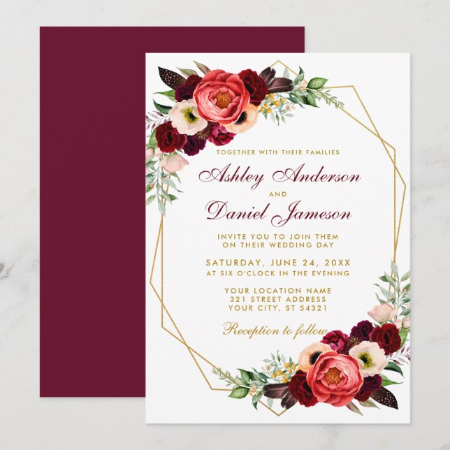 Burgundy Floral Boho Wedding Gold Frame B Invitation (Front/Back)