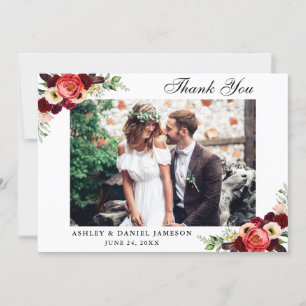 Burgundy Floral Boho Wedding Photo Thank You Card