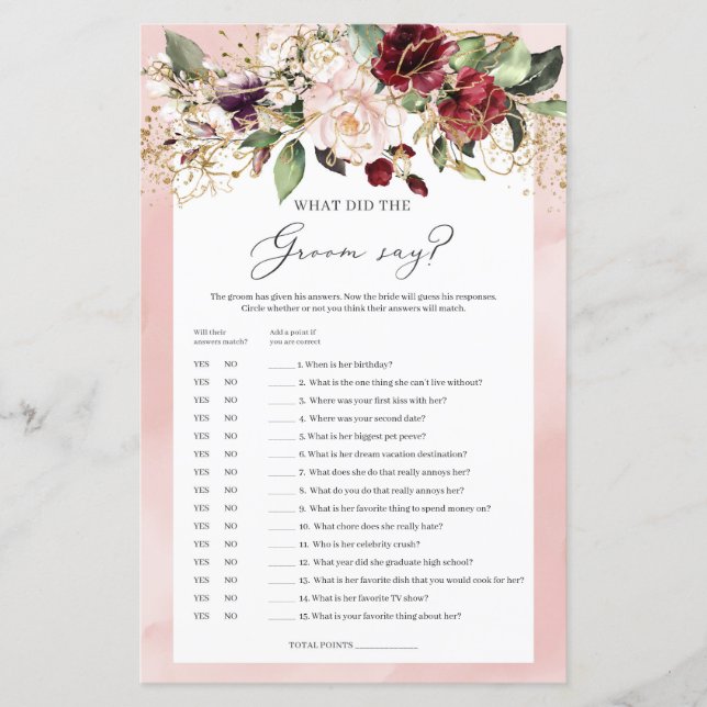 Burgundy floral boho What the groom said Game (Front)