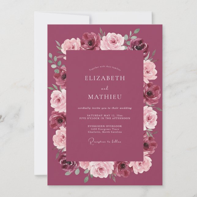 Burgundy Floral Border Wedding Invitation (Front)