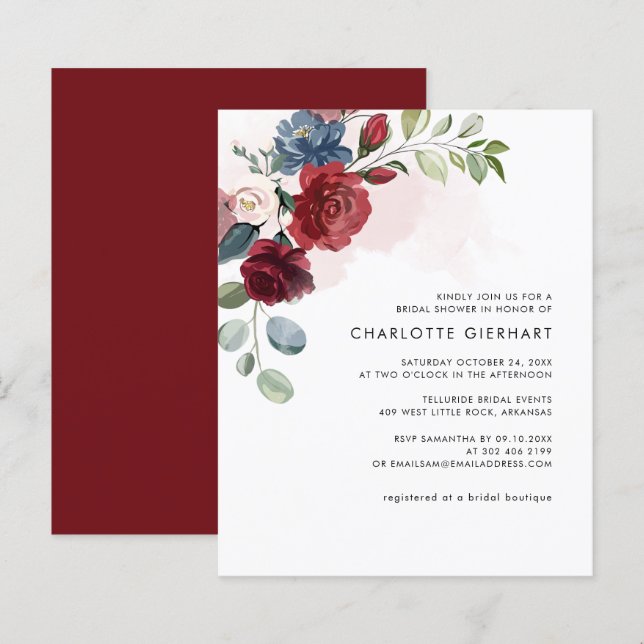 Burgundy Floral Botanical Bridal Shower Invitation (Front/Back)