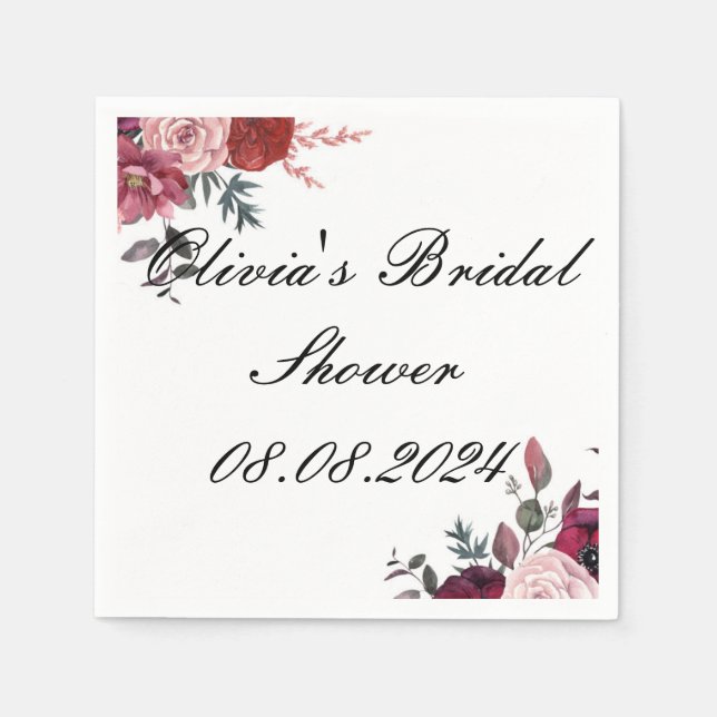 Burgundy floral Botanical bridal shower Napkin (Front)