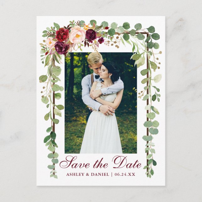 Burgundy Floral Botanical Green Save The Date Announcement Postcard (Front)