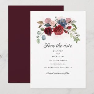 Burgundy Floral Botanical Modern Save The Date