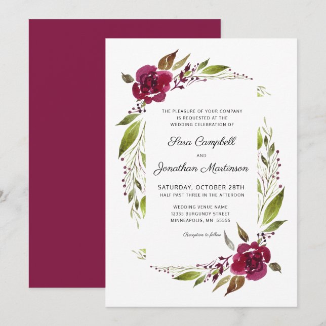 Burgundy Floral Botanical Wedding Invitation (Front/Back)