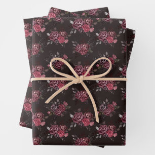 Burgundy Floral Bouquet on Dark Brown Wrapping Paper Sheet