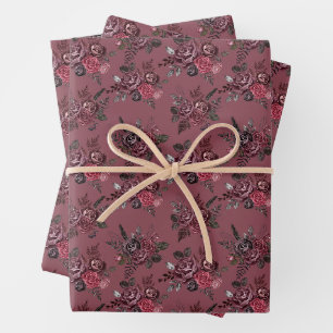 Burgundy Floral Bouquet on Deep Pruce Wrapping Paper Sheet
