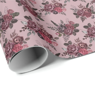 Burgundy Floral Bouquet on Dusty Grayish Pink Wrapping Paper