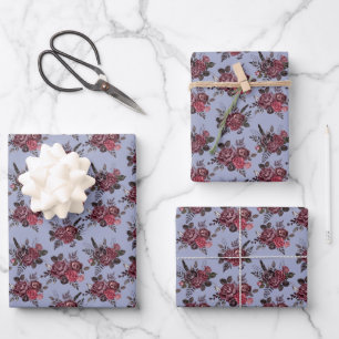 Burgundy Floral Bouquet on Gray Blue Wrapping Paper Sheet