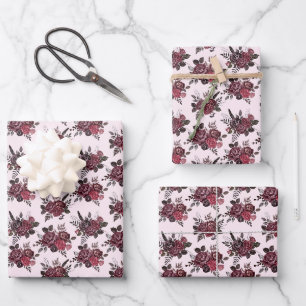 Burgundy Floral Bouquet on Pink Lemonade Wrapping Paper Sheet