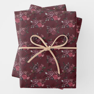 Burgundy Floral Bouquet on Sangria Wrapping Paper Sheet