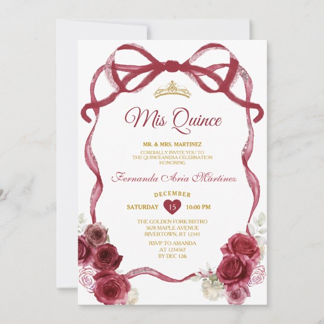 Burgundy Floral Bow Ribbon Gold Crown Mis Quince Invitation (Front)