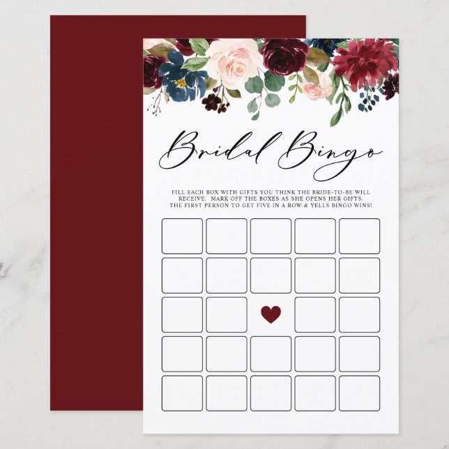 Burgundy Floral Bridal Bingo Bridal Shower Game (Front/Back)