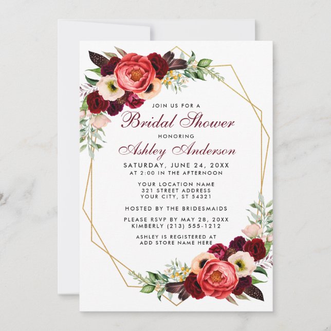 Burgundy Floral Bridal Shower Boho Invitation W (Front)