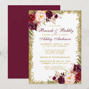 Burgundy Floral Bridal Shower Brunch Invite Gold B