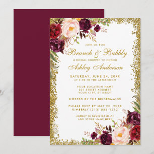 Burgundy Floral Bridal Shower Brunch Invite Gold G