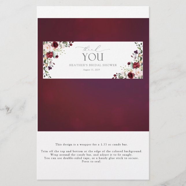 Burgundy Floral Bridal Shower Candy Bar Wrapper (Front)