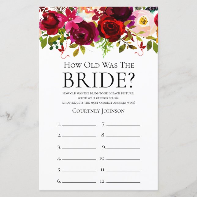 Burgundy Floral Bridal Shower Game (Front)
