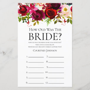 Burgundy Floral Bridal Shower Game