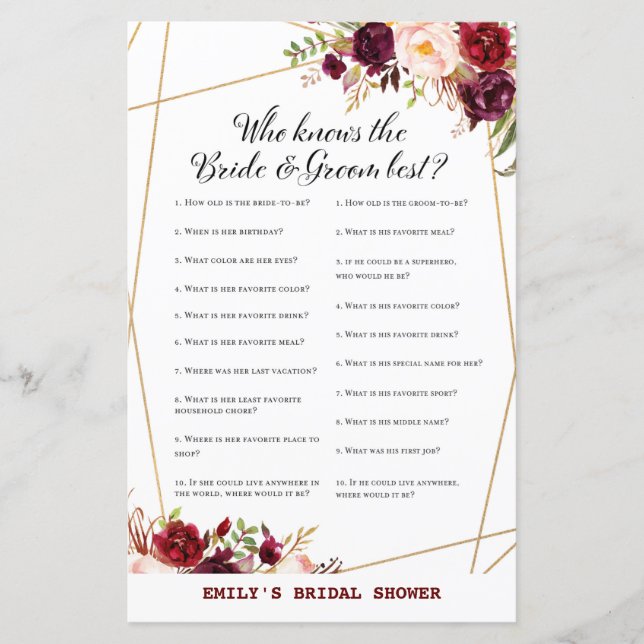 Burgundy Floral Bridal Shower Game, Wedding Shower (Front)