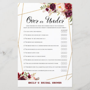Burgundy Floral Bridal Shower Game, Wedding Shower