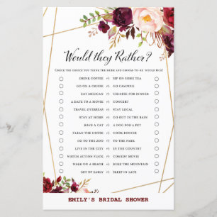 Burgundy Floral Bridal Shower Game, Wedding Shower