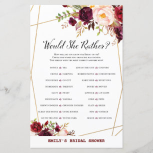 Burgundy Floral Bridal Shower Game, Wedding Shower