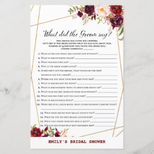 Burgundy Floral Bridal Shower Game, Wedding Shower