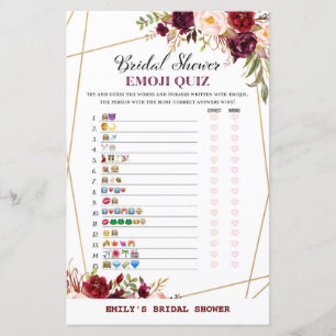 Burgundy Floral Bridal Shower Game, Wedding Shower