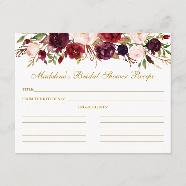 Burgundy Floral Bridal Shower Gold Recipe Card (Front)