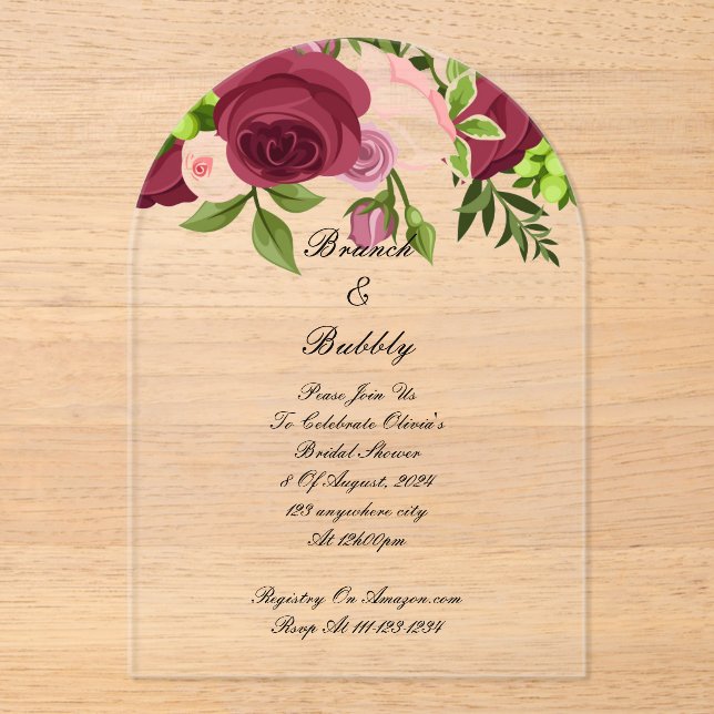Burgundy floral bridal shower invitation  (Front)