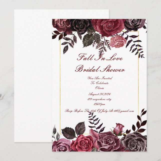 Burgundy floral bridal shower invitation (Front/Back)