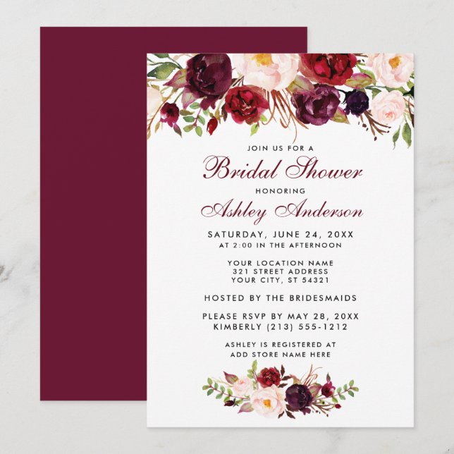 Burgundy Floral Bridal Shower Invitation BB (Front/Back)