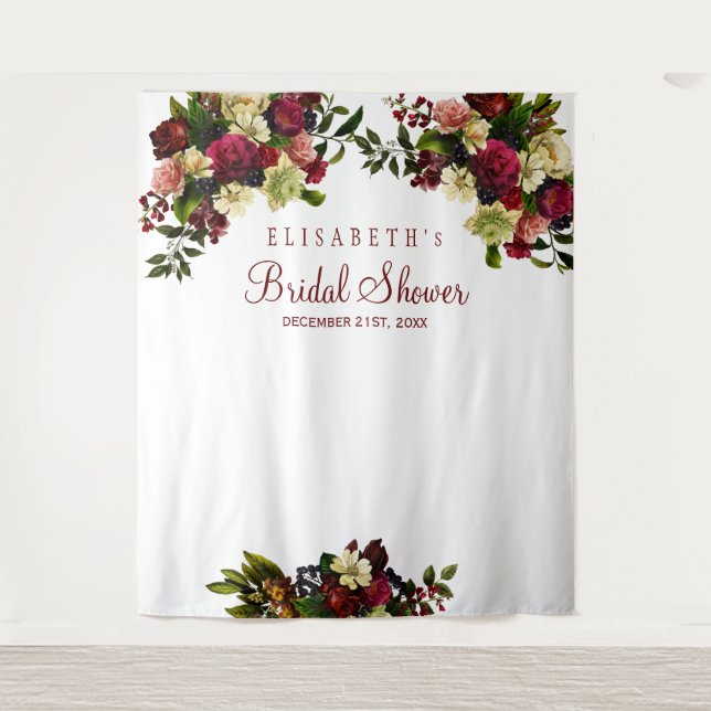 Burgundy floral bridal shower photo booth backdrop tapestry (Front)