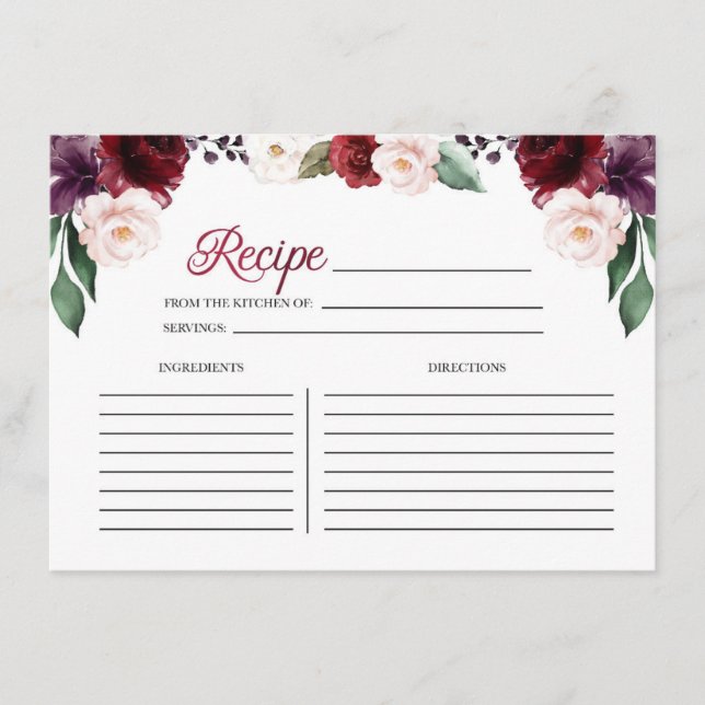 Burgundy Floral Bridal Shower Recipe Card (Front)