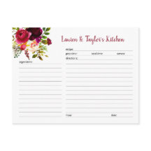 Burgundy floral bridal shower recipe card