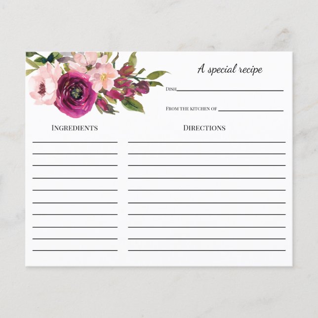Burgundy Floral Bridal Shower Recipe card (Front)