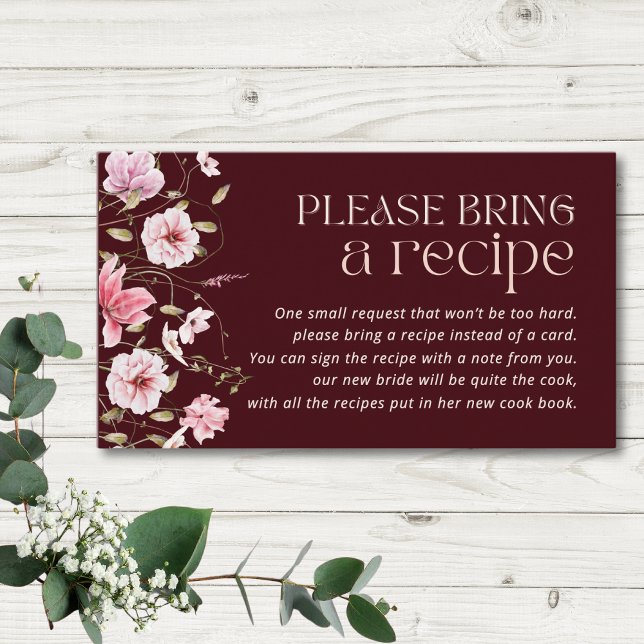 Burgundy Floral Bridal Shower Recipe Request  Enclosure Card (Creator Uploaded)