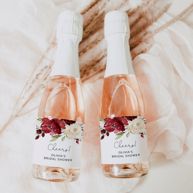 Burgundy  floral bridal shower Sparkling Wine labe Sparkling Wine Label (Creator Uploaded)
