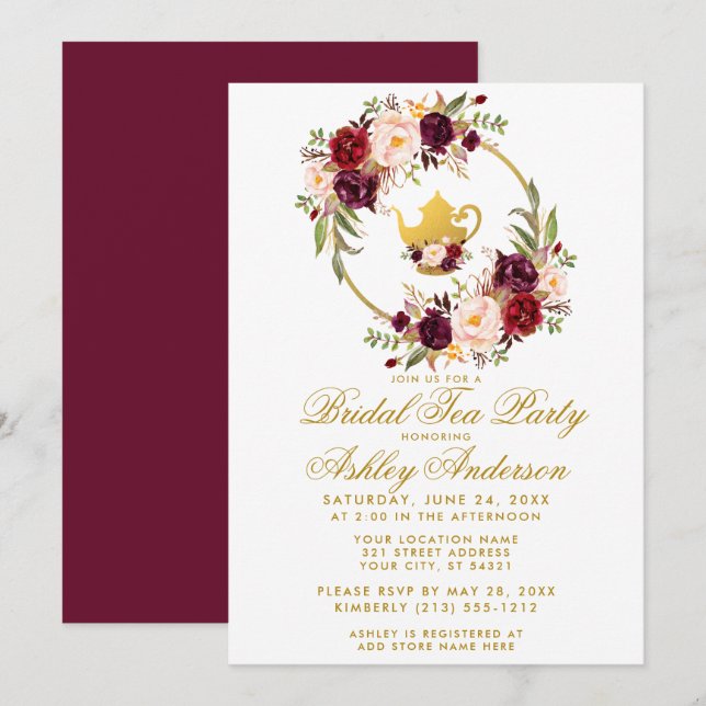 Burgundy Floral Bridal Shower Tea Party Invite GB (Front/Back)