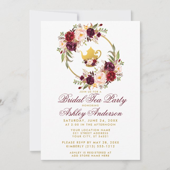 Burgundy Floral Bridal Shower Tea Party Invite WB (Front)