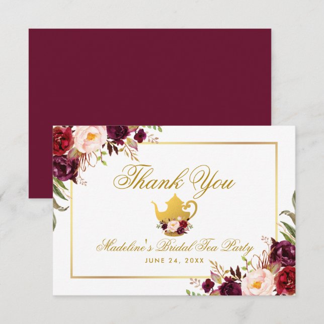 Burgundy Floral Bridal Shower Tea Party Thanks B Invitation (Front/Back)