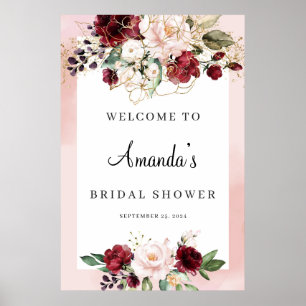 Burgundy Floral Bridal Shower Welcome Poster 24x36